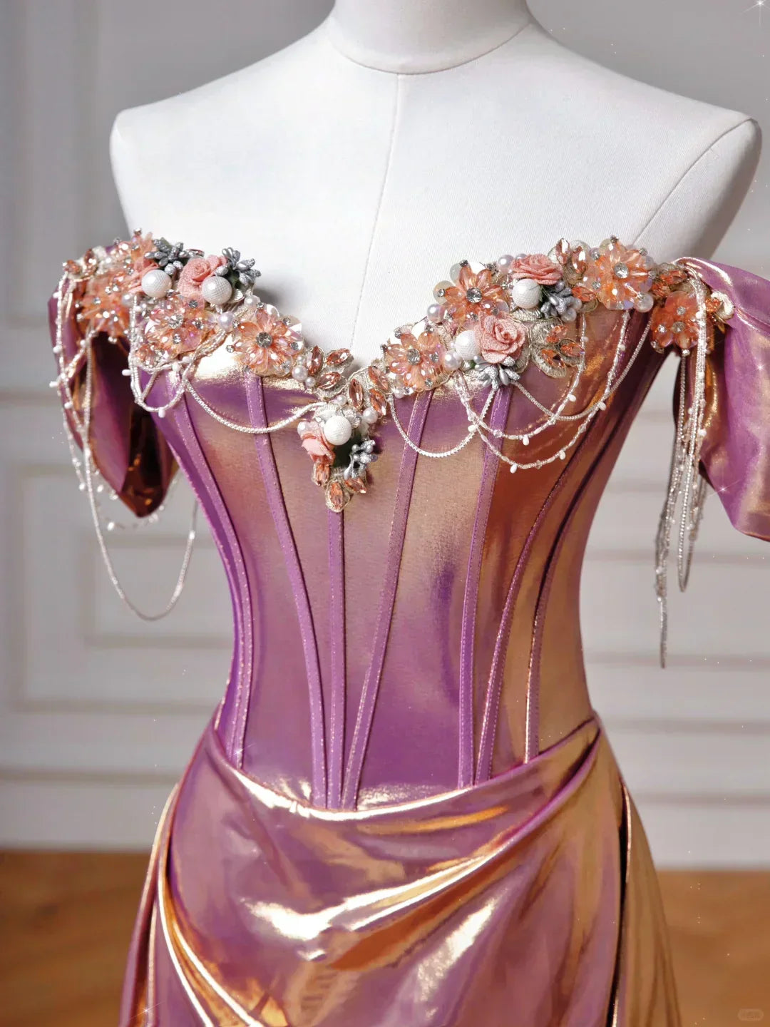 Dreamy Purple Gold Off-the-Shoulder Mermaid 3D Floral Satin Long Prom Dress Evening Dress