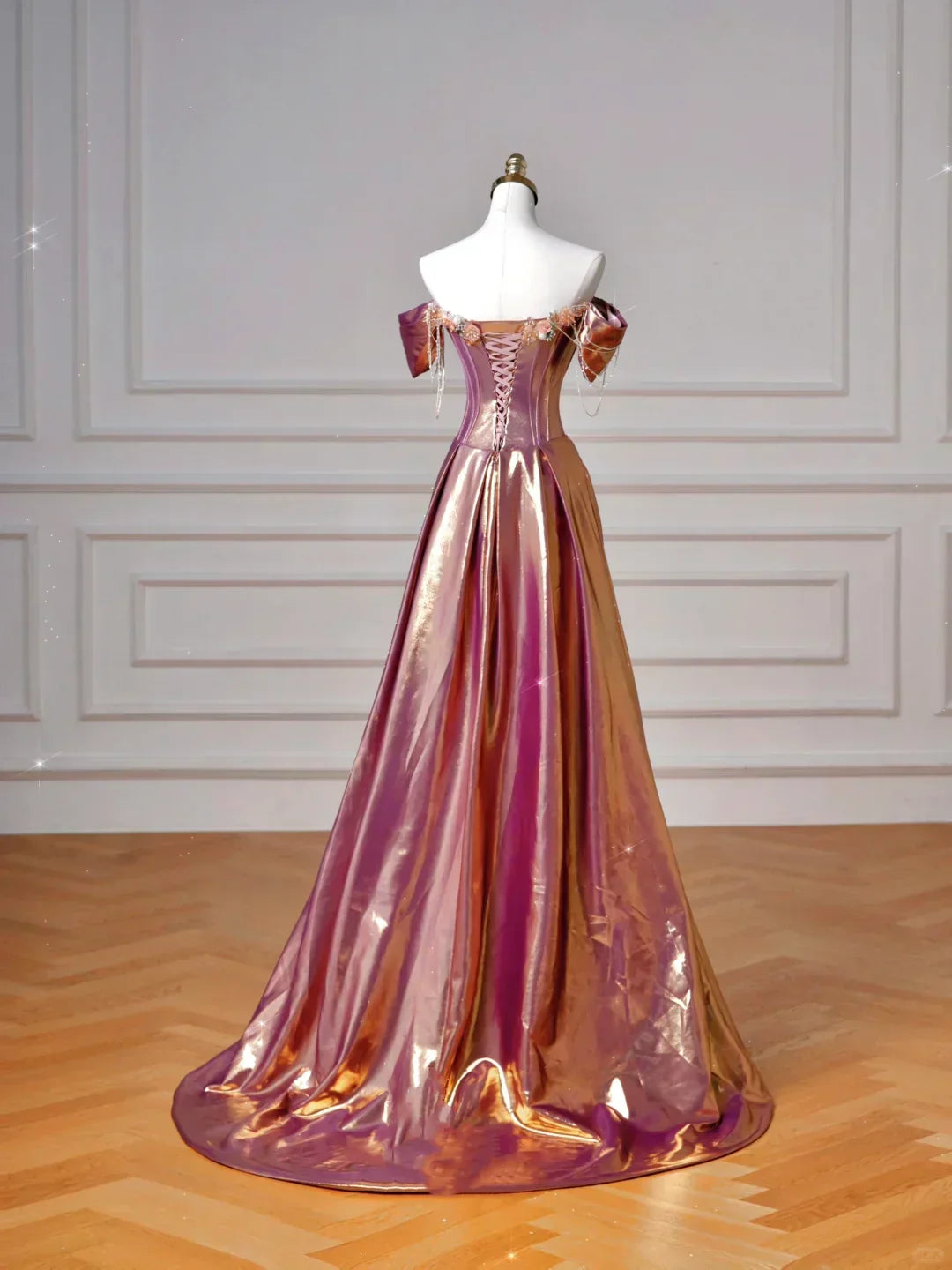 Dreamy Purple Gold Off-the-Shoulder Mermaid 3D Floral Satin Long Prom Dress Evening Dress