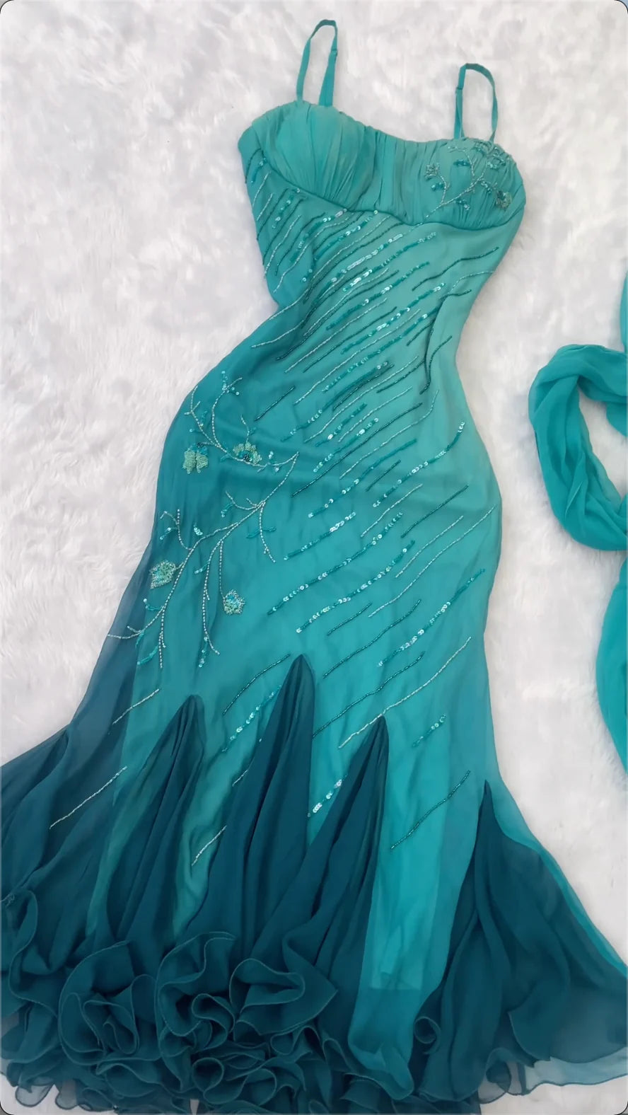 Elegant Teal Spaghetti Strap Sequin Beaded Chiffon Long Prom & Evening Dress - FashionDia