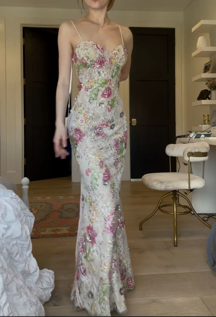 Fresh White Base Print Mermaid Spaghetti Strap Sequin Lace Tulle Long Prom & Evening Dress - FashionDia