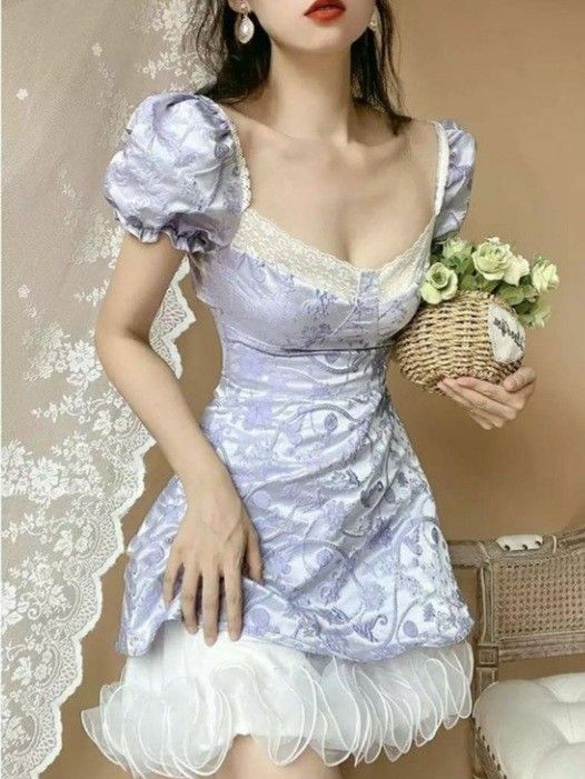 Retro Sweet Lavender Lace Puff Sleeves White Mesh Ruffle Jacquard A-Line Short Birthday Dress Homecoming Dress - View 3 | FashionDia