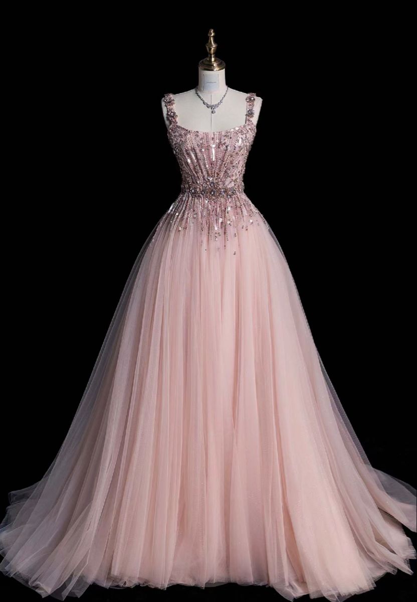 Elegant Pink A-line Square Neck Strappy Sequined Tulle Long Prom Dress Evening Dress