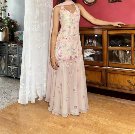Vintage Pink Halter V-Neck Mermaid Sequin Tulle Long Prom & Evening Dress - View 2 | FashionDia