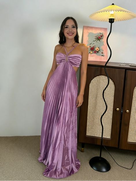 Elegant Lavender Halter Cross V-Neck Ruched Satin Long Prom & Evening Dress - FashionDia