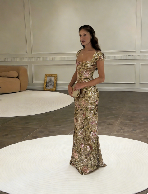 Vintage Gold Pink Ombre Mermaid Square Neck Sequin Long Prom & Evening Dress - View 2 | FashionDia