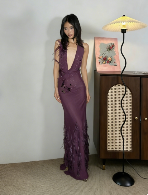 Sexy Y2K Hot Girl Deep Purple Halter Feather Satin Long Prom & Evening Dress - FashionDia