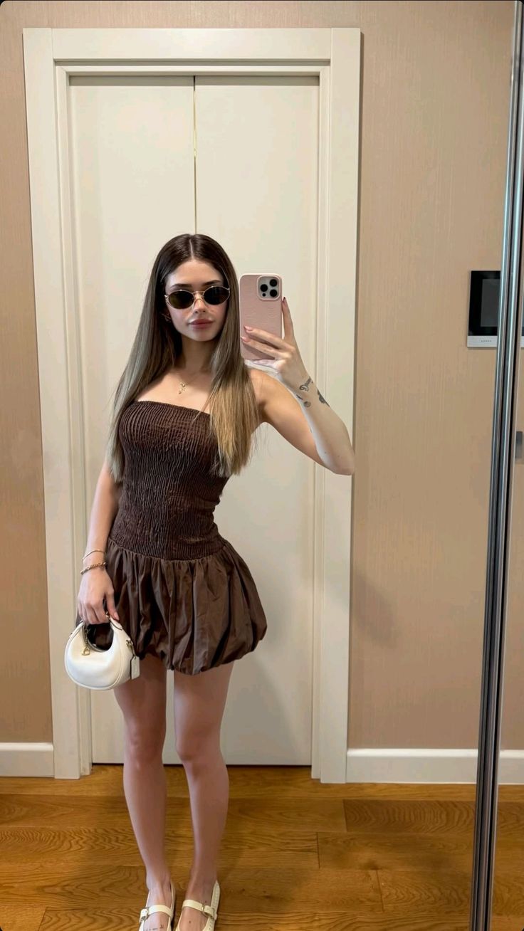 Simple Brown Tube Top Slim Waist Flower Bud 17th Birthday Homecoming Dress