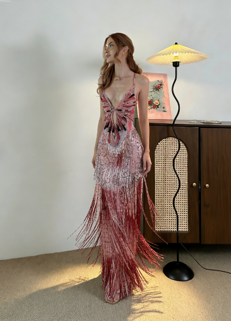 Vintage Mermaid Spaghetti Strap V-Neck Fringe Sequin Long Prom & Evening Dress - View 2 | FashionDia