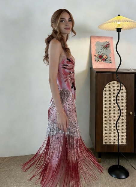 Vintage Mermaid Spaghetti Strap V-Neck Fringe Sequin Long Prom & Evening Dress - View 3 | FashionDia