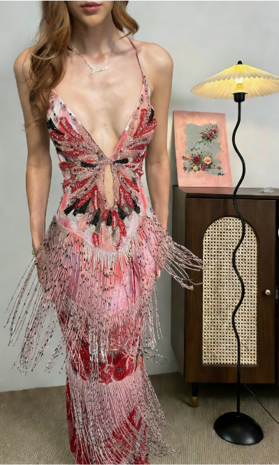 Vintage Mermaid Spaghetti Strap V-Neck Fringe Sequin Long Prom & Evening Dress - FashionDia