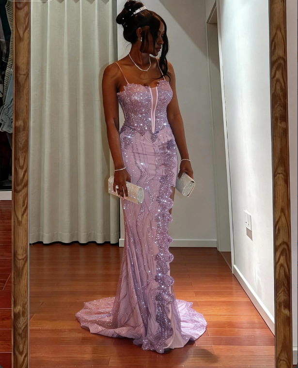 Elegant Purple Spaghetti Strap Mermaid Split Sequin Tulle Train Prom Dress Evening Dress