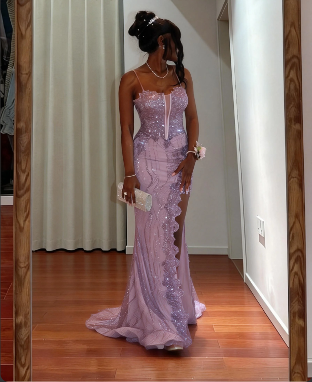 Elegant Purple Spaghetti Strap Mermaid Split Sequin Tulle Train Prom & Evening Dress - View 2 | FashionDia