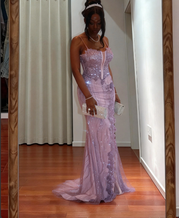 Elegant Purple Spaghetti Strap Mermaid Split Sequin Tulle Train Prom & Evening Dress - View 4 | FashionDia