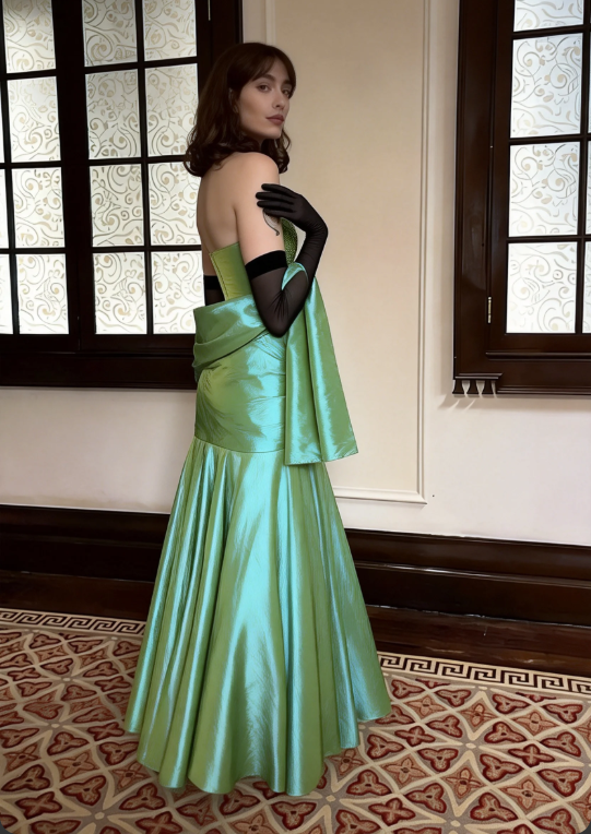 Elegant Mint Green Strapless A-Line Embroidered Satin Long Prom Dress Evening Dress