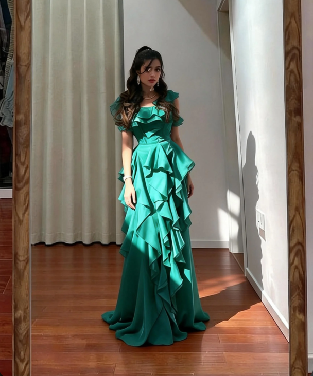 Elegant Emerald Green Split Square Neck Ruffle Chiffon Long Prom Dress Evening Dress