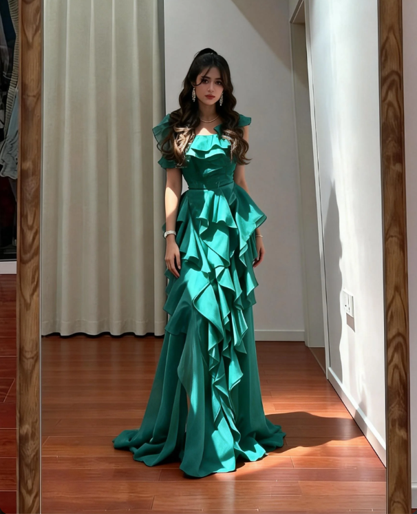 Elegant Emerald Green Split Square Neck Ruffle Chiffon Long Prom Dress Evening Dress