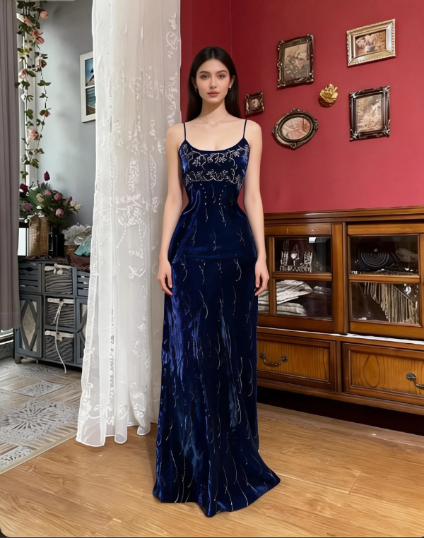 Vintage & Elegant Navy Blue Spaghetti Strap Beaded Velvet Long Prom & Evening Dress - FashionDia