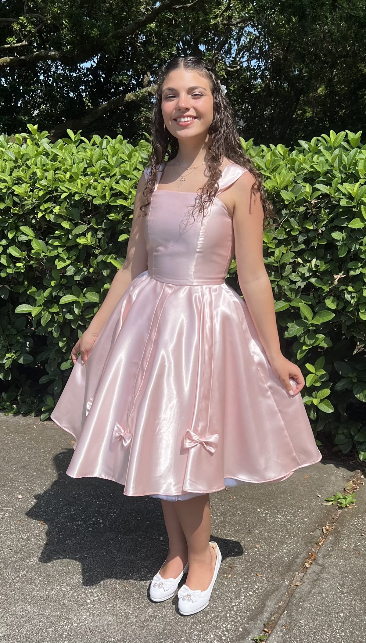 Sweet Light Pink Square Neck Bow Waist A-line Satin Birthday Party Homecoming Dress