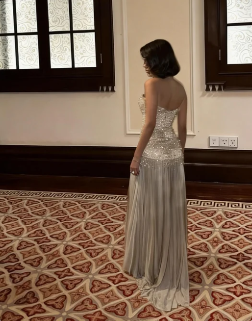 Gorgeous Silver-Gray Sweetheart Neck Split Beaded Tulle Long Prom Dress Evening Dress