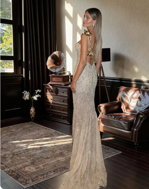 Sexy Champagne Mermaid Spaghetti Strap Backless 3D Golden Floral Applique Train Prom Dress Evening Dress