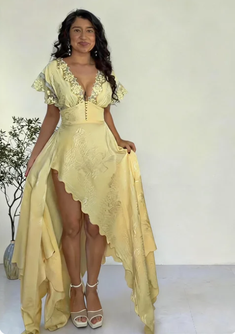 Elegant Yellow V-Neck Irregular High-Slit Lace Jacquard Satin Long Prom & Evening Dress - FashionDia