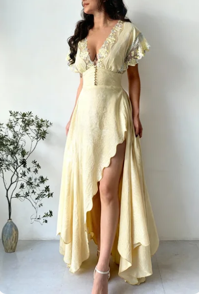 Elegant Yellow V-Neck Irregular High-Slit Lace Jacquard Satin Long Prom & Evening Dress - View 2 | FashionDia