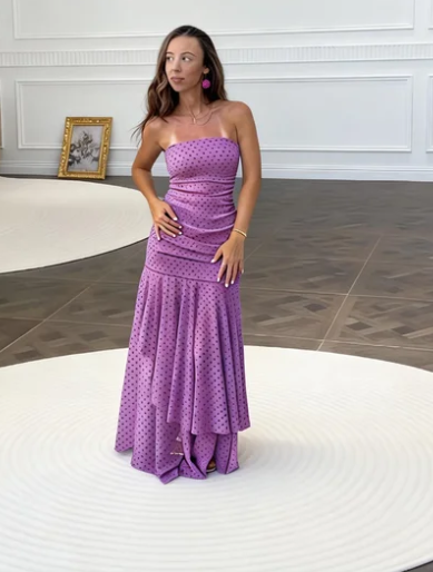 Elegant Purple A-Line Strapless Polka Dot Satin Long Prom & Evening Dress - FashionDia