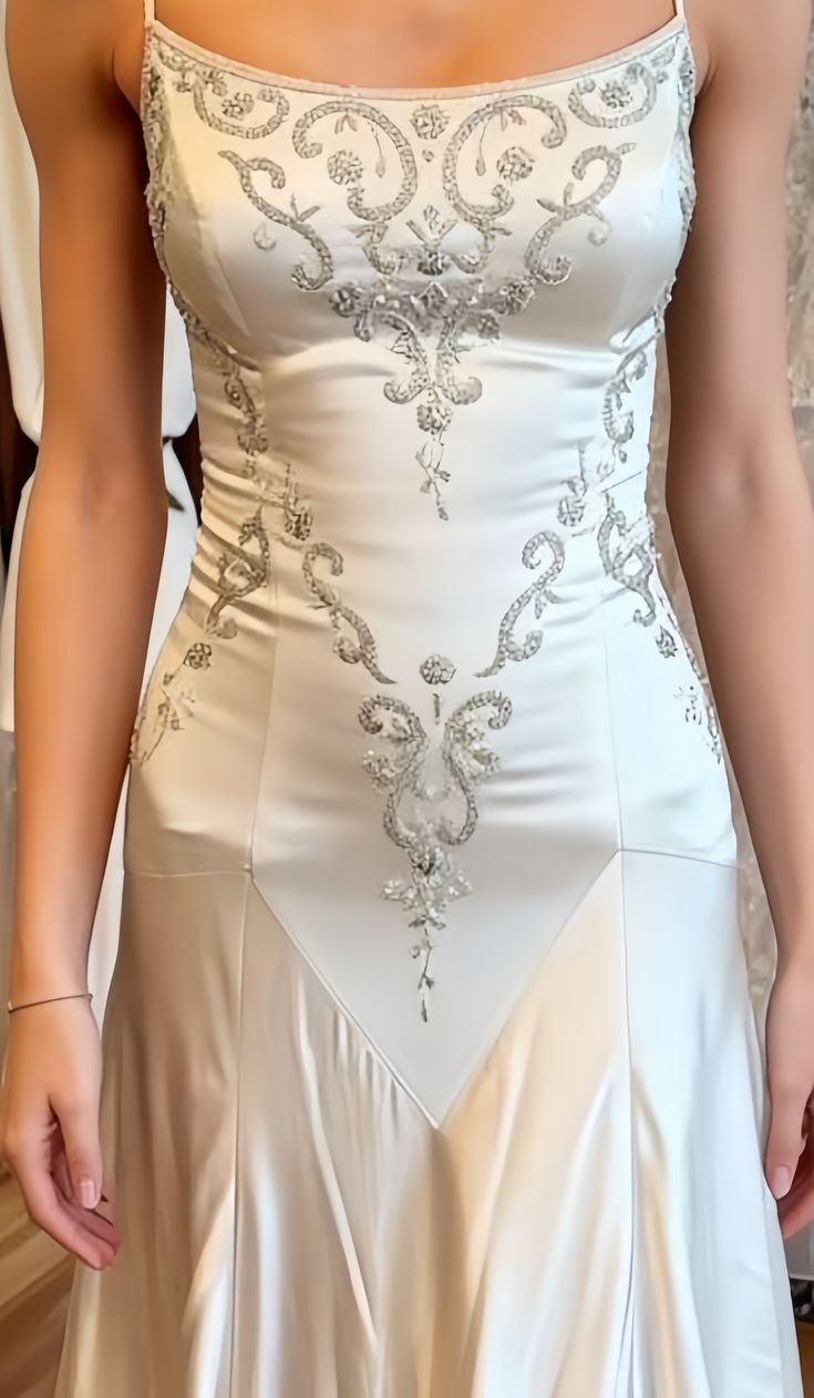 Vintage White Spaghetti Strap Square Neck Pearl-Embellished Satin Train Prom Dress Evening Dress