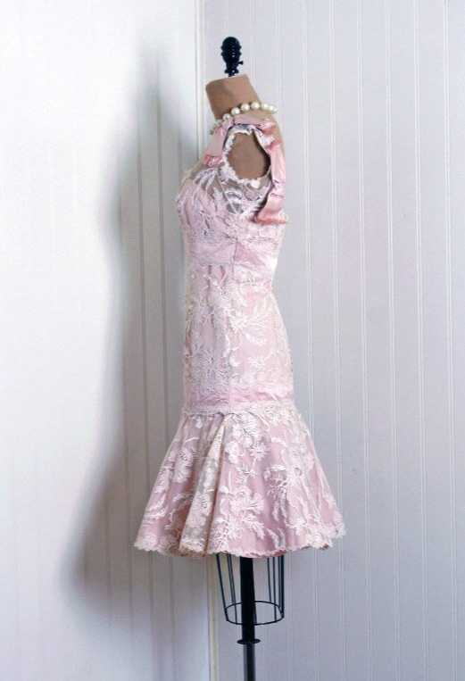 Vintage Light Pink Square Neck Lace Waist Mini 17th Birthday Homecoming Dress - View 4 | FashionDia