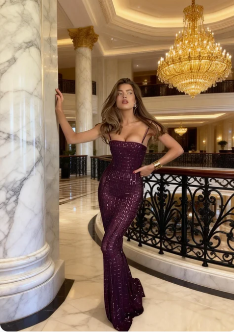 Gorgeous Deep Purple Square Neck Mermaid Grid Sequin Tulle Long Prom Dress Evening Dress