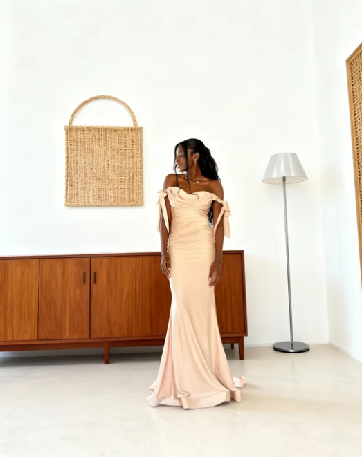 Elegant Blush Off-the-Shoulder Mermaid Satin Train Prom Dress Evening Dress