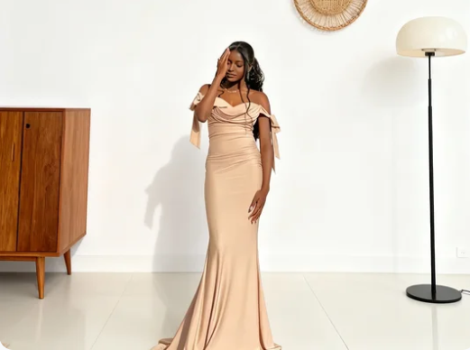 Elegant Blush Off-the-Shoulder Mermaid Satin Train Prom Dress Evening Dress
