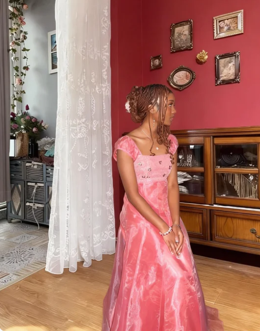 Sweet Princess Pink A-Line Square Neck Tulle Long Prom Dress Evening Dress