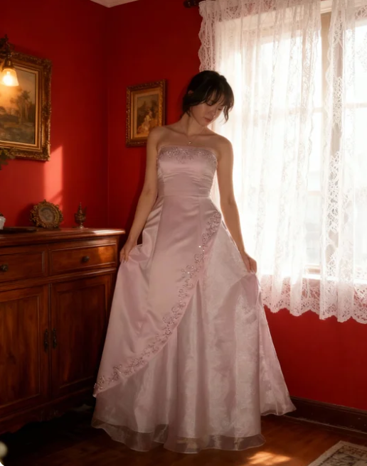 Sweet Princess Pink Strapless A-Line Embroidered Satin Long Prom Dress Evening Dress