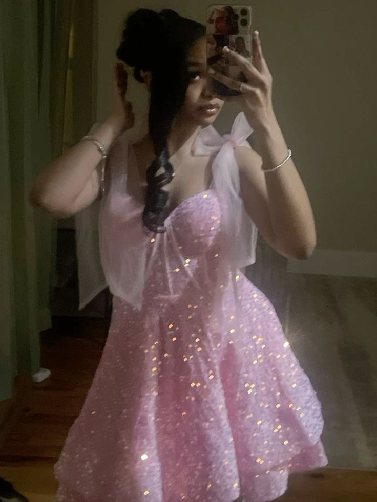 Sweet Pink Bow Strap Sequined A-Line Birthday Party Homecoming Dress