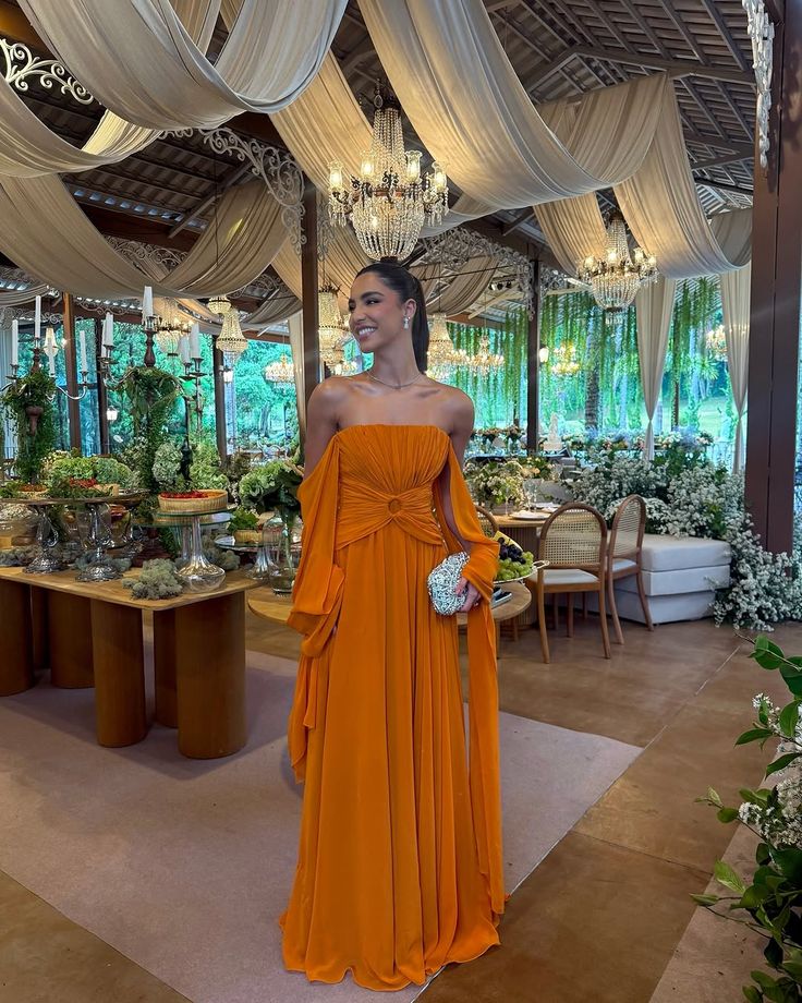 Elegant Orange A-Line Strapless Crumple Chiffon Long Prom & Evening Dress - View 3 | FashionDia
