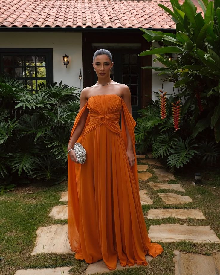 Elegant Orange A-Line Strapless Crumple Chiffon Long Prom & Evening Dress - View 5 | FashionDia
