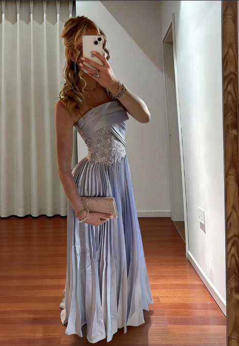 Elegant Misty Blue Strapless A-Line Embroidered Pleated Satin Long Prom Dress Evening Dress
