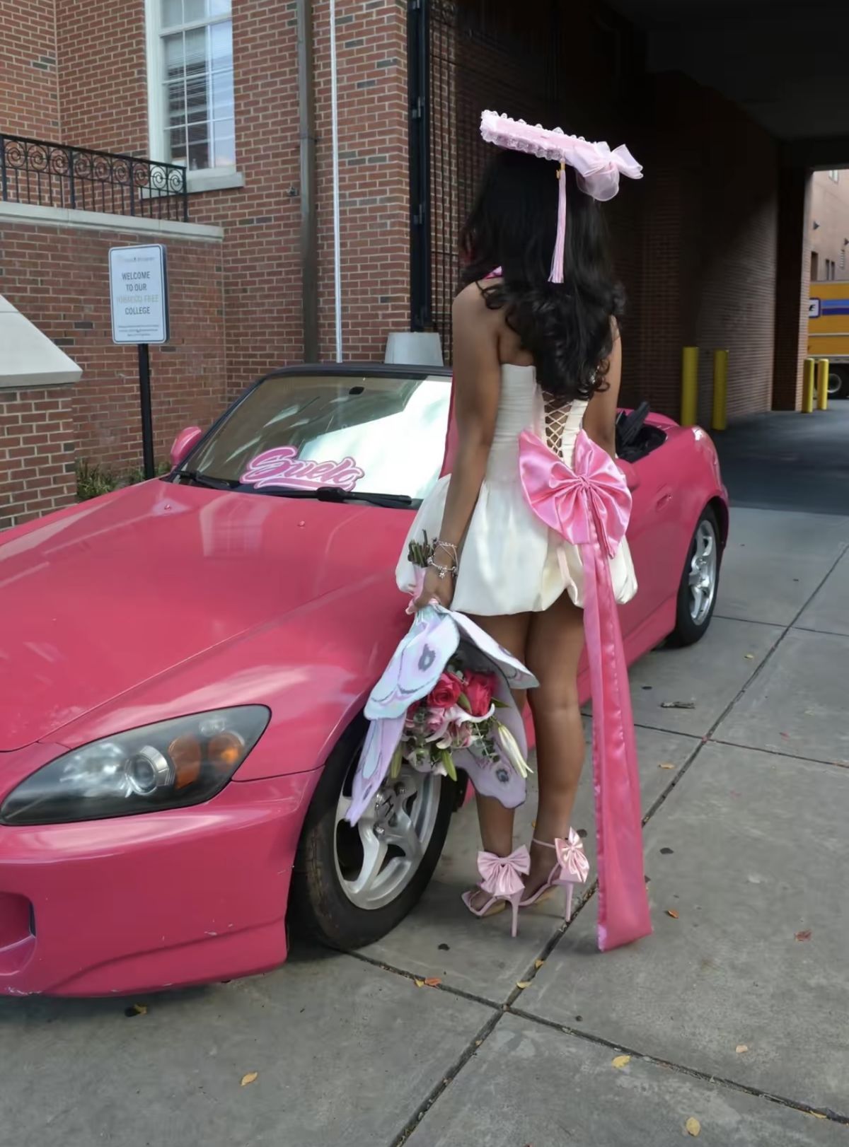 Sweet White And Pink Big Bow Long Ribbon Bud Satin Graduation Dress Homecoming Dress