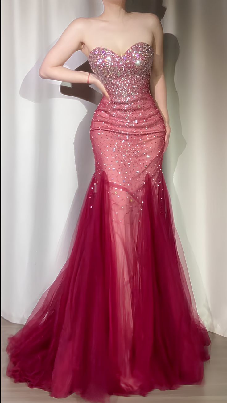 Gorgeous Gradient Magenta Sweetheart Mermaid Sequin Beaded Tulle Long Prom Dress Evening Dress