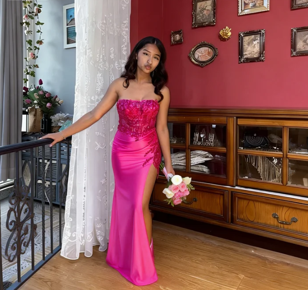 Sweet Bright Pink Strapless Mermaid Lace Split Satin Prom Dress Evening Dress