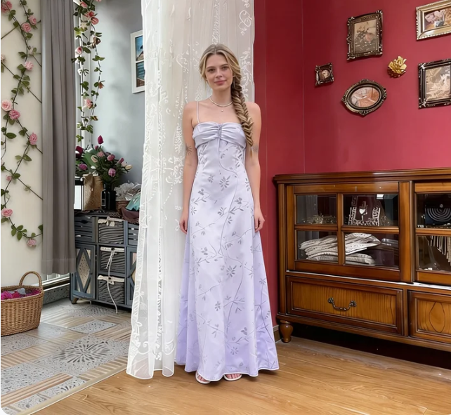 Elegant Lavender A-Line Spaghetti Strap Floral Satin Long Prom Dress Evening Dress