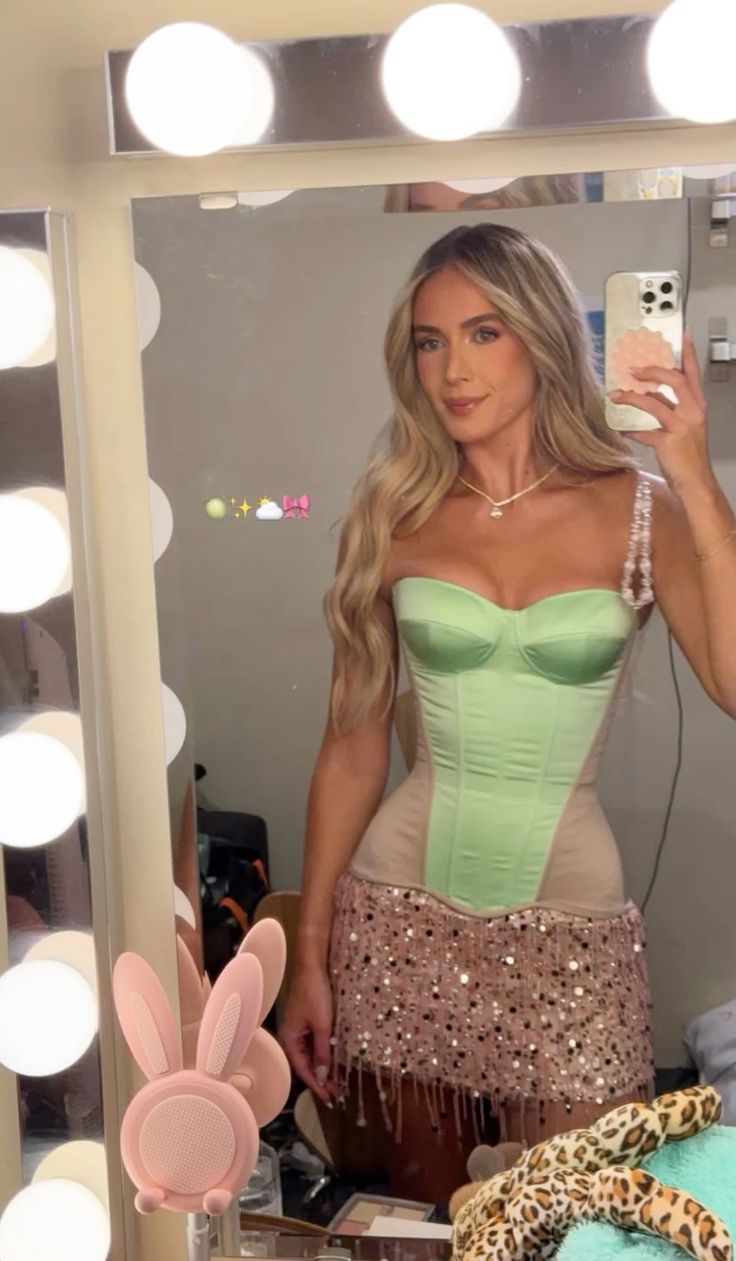 Gorgeous Light Green And Nude Stitching Herringbone Sequined Tassel Satin Birthday Party Homecoming Dress - View 3 | FashionDia