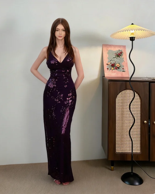 Vintage Deep Purple Spaghetti Strap V-Neck Mermaid High Slit Sequin Long Prom Dress Evening Dress