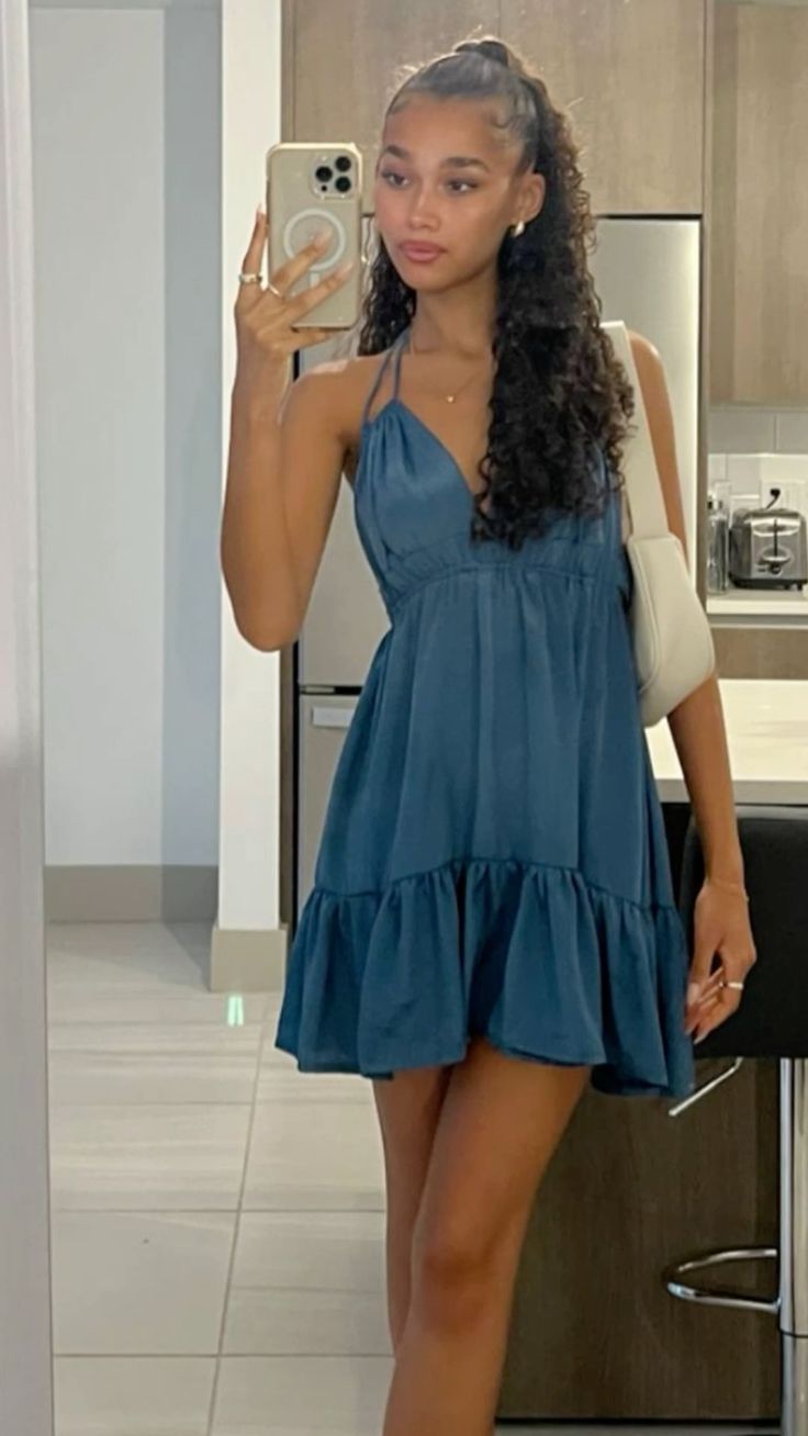Simple Blue Deep V Strap A-Line Satin Birthday Party Homecoming Dress