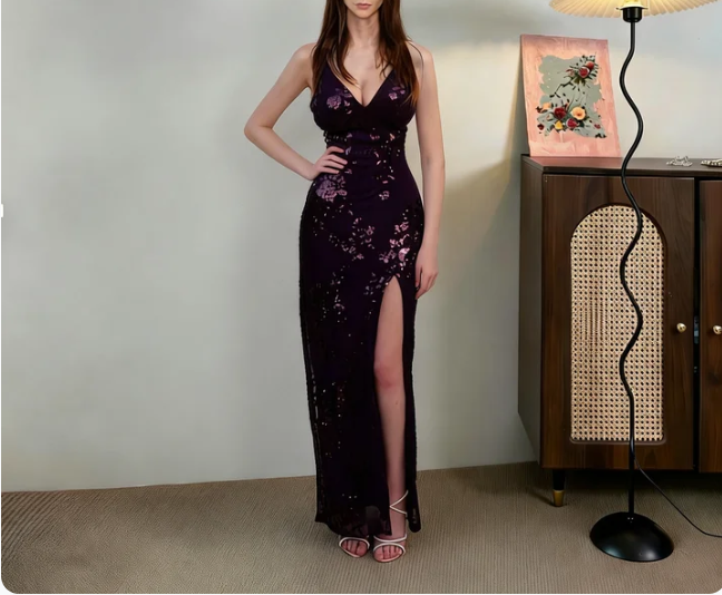 Vintage Deep Purple Spaghetti Strap V-Neck Mermaid High Slit Sequin Long Prom Dress Evening Dress