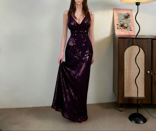 Vintage Deep Purple Spaghetti Strap V-Neck Mermaid High Slit Sequin Long Prom Dress Evening Dress