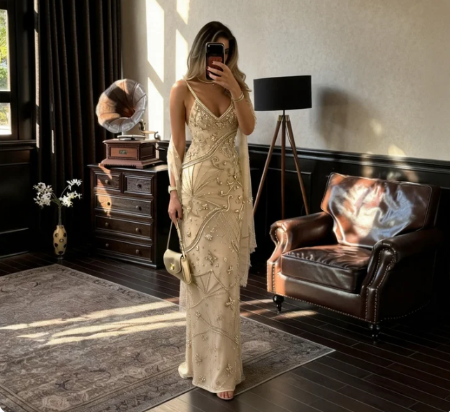 Gorgeous Champagne Gold Spaghetti Strap V-Neck Mermaid Beaded Tulle Long Prom Dress Evening Dress