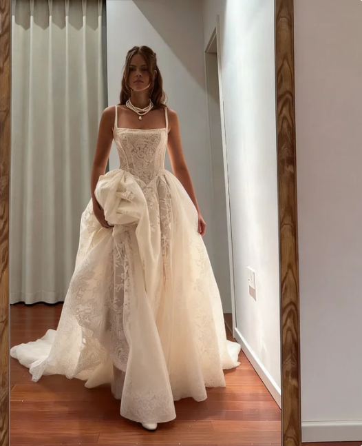 Vintage Court Ivory Square Neck Spaghetti Strap Lace Embroidered Train Wedding Dress