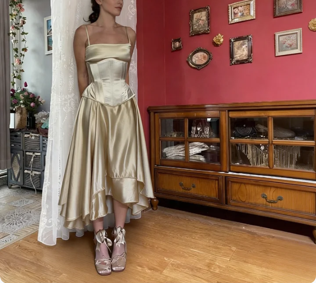 Elegant Champagne Gold Spaghetti Strap Square Neck Boned Waist Irregular Hem Satin Prom Dress Evening Dress